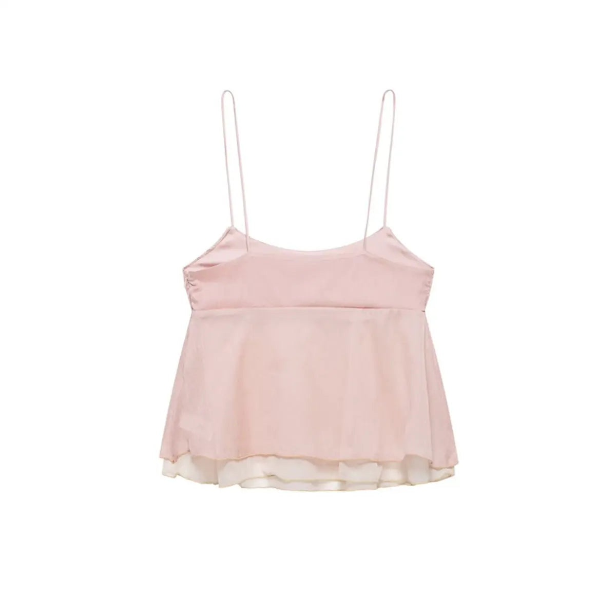 Back view of a light pink ruffled cami top, showing the thin spaghetti straps, gathered waist, and double-layered hem with a sheer lining.