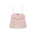 Flat lay view of a light pink ruffled cami top, showing the full silhouette, spaghetti straps, and double-layered hem.