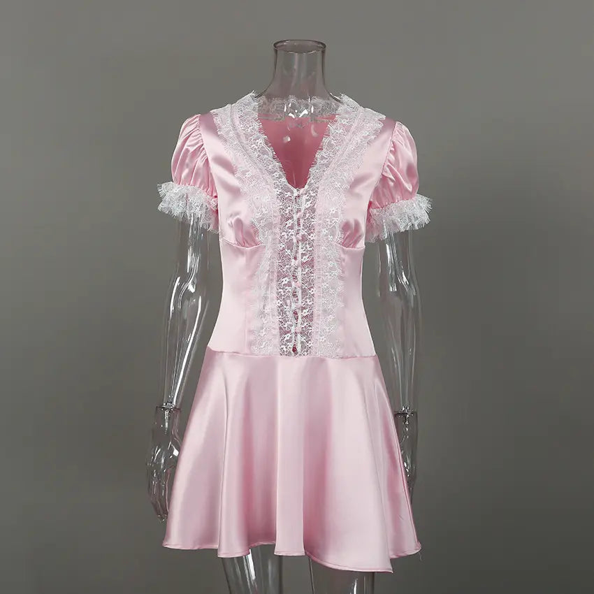Pink satin lace trim puff sleeve mini dress on mannequin, front view