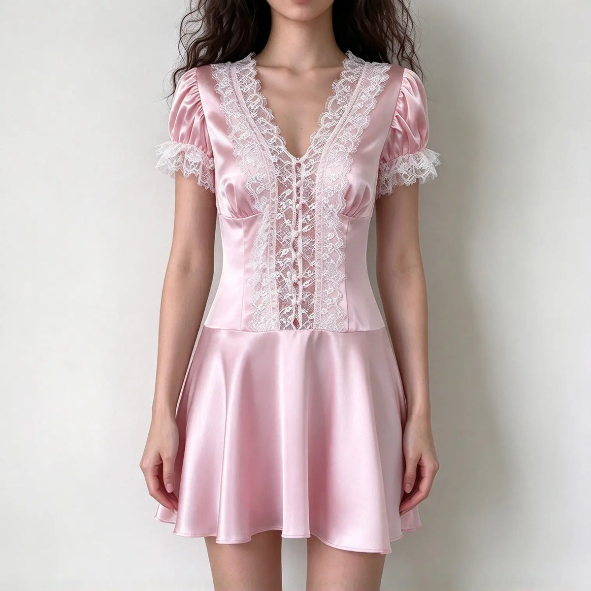 Model wearing pink satin lace trim puff sleeve mini dress, front view