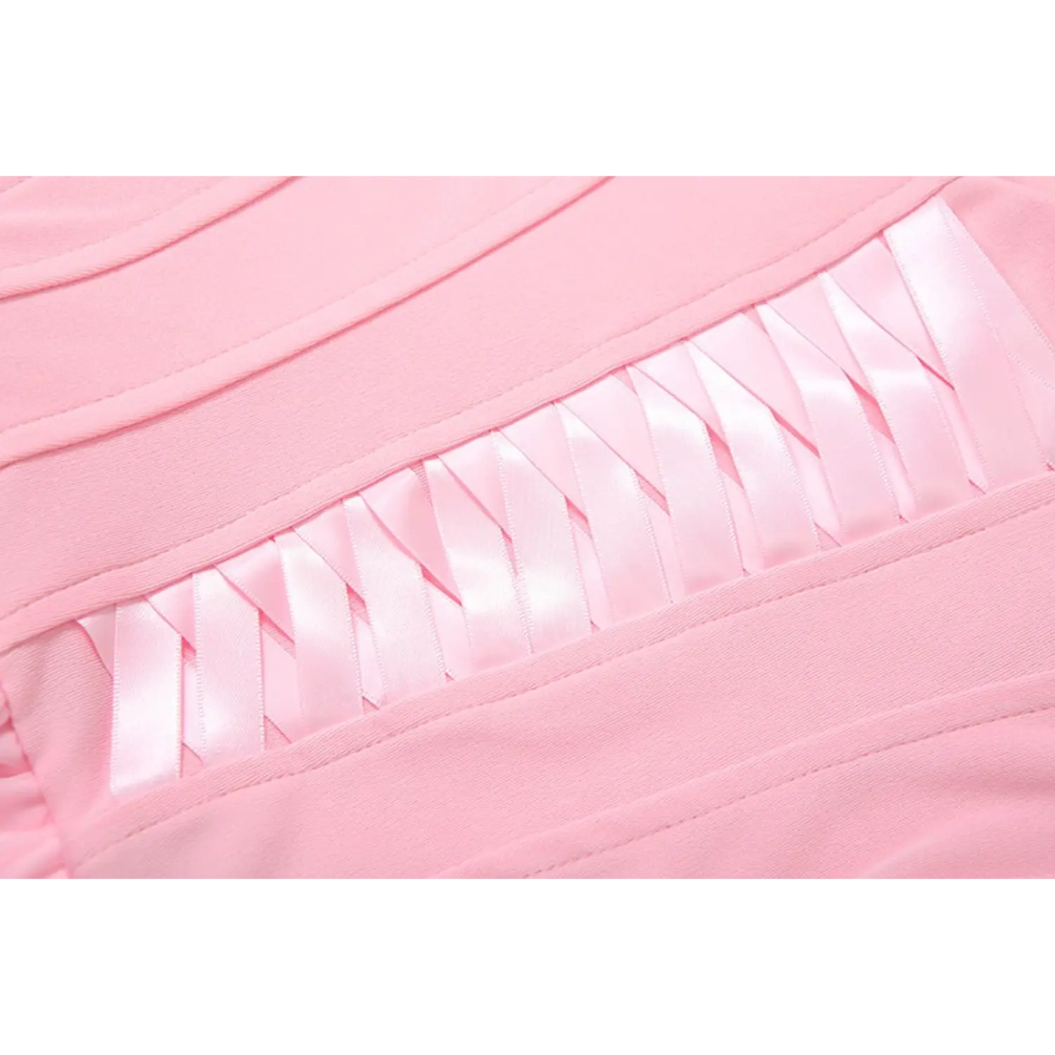 Extreme close‑up pink satin ribbon crisscross lace‑up bodice stitching detail