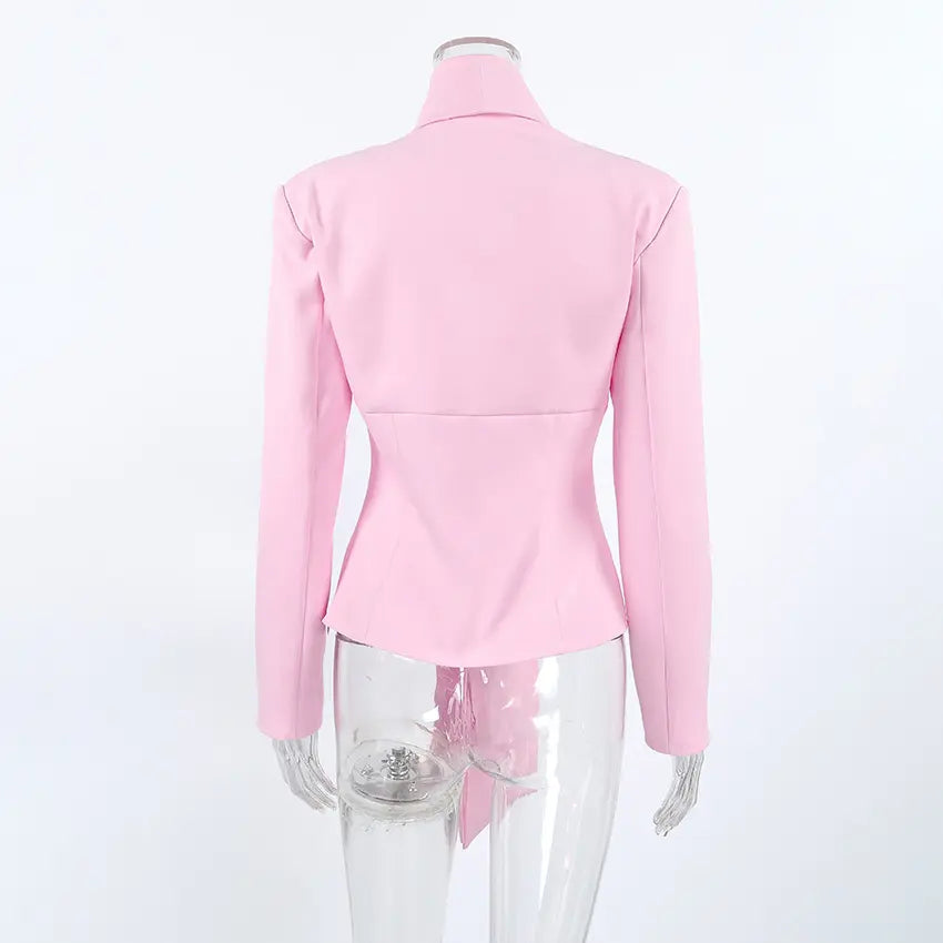 Pink shawl collar self tie fitted long sleeve blouse on mannequin, back view