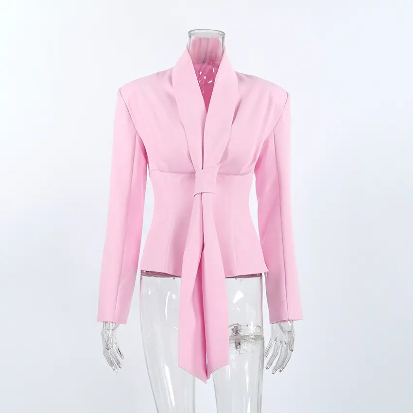 Pink shawl collar self tie fitted long sleeve blouse on mannequin, front view