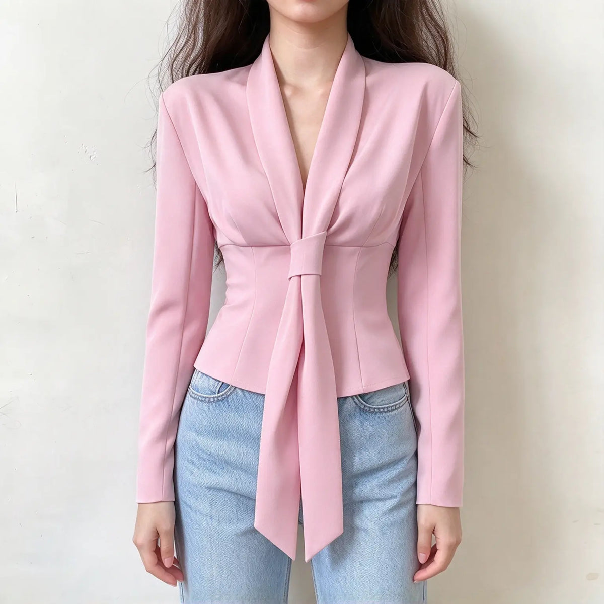 Model wearing pink shawl collar self tie fitted long sleeve blouse with jeans, front view