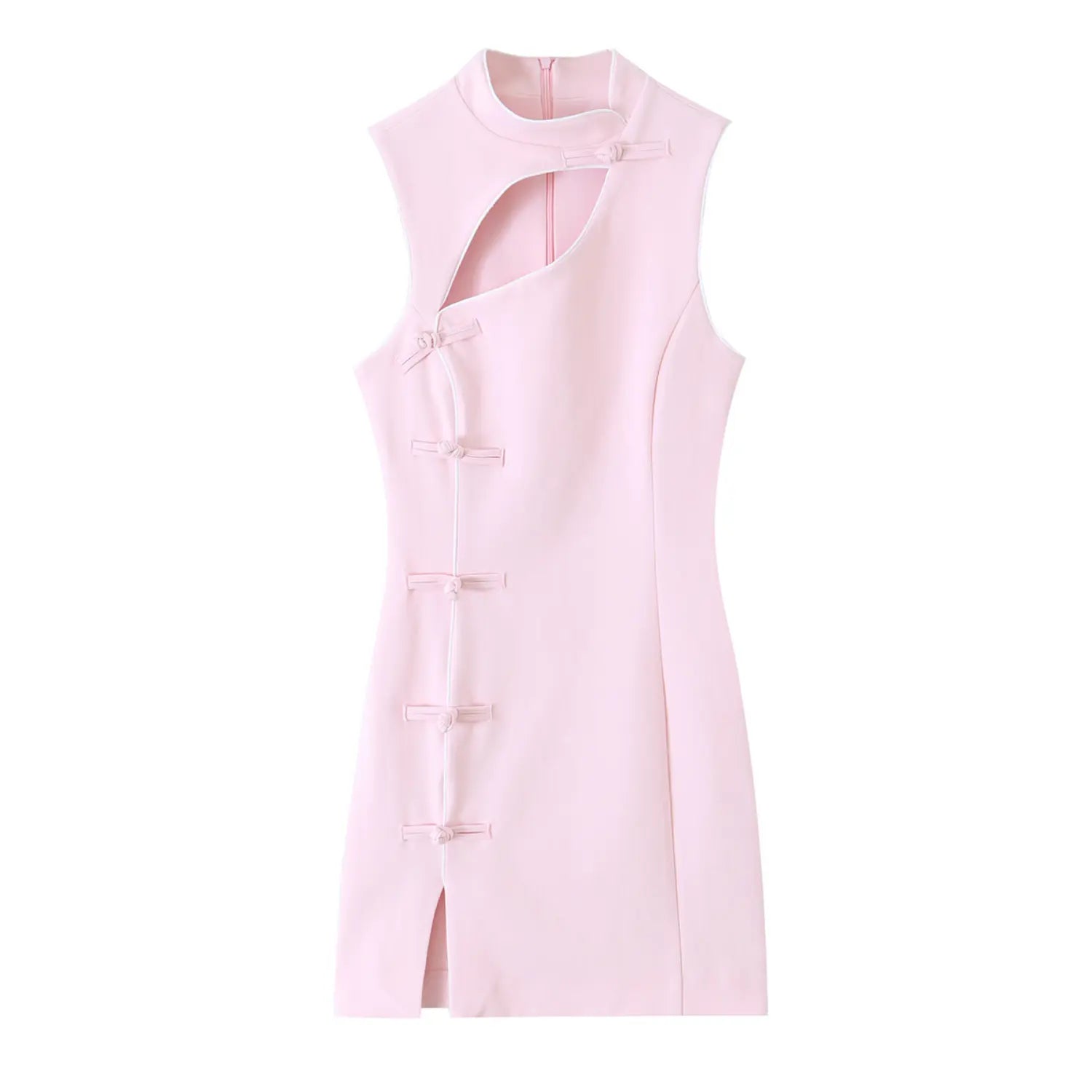 Flat lay front view of pink sleeveless cheongsam mini dress with stand collar, hollow cutout and traditional frog buttons