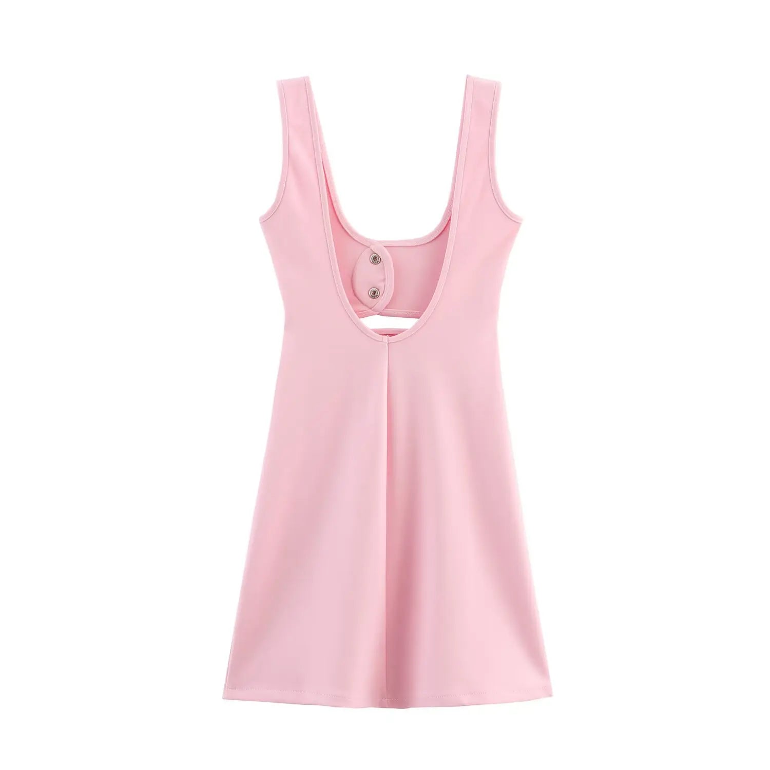 Full back view of pink sleeveless cutout mini dress isolated on white background
