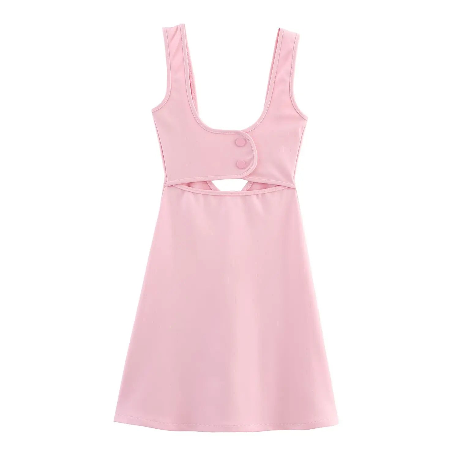 Full front view of pink sleeveless waist cutout mini dress isolated on white background