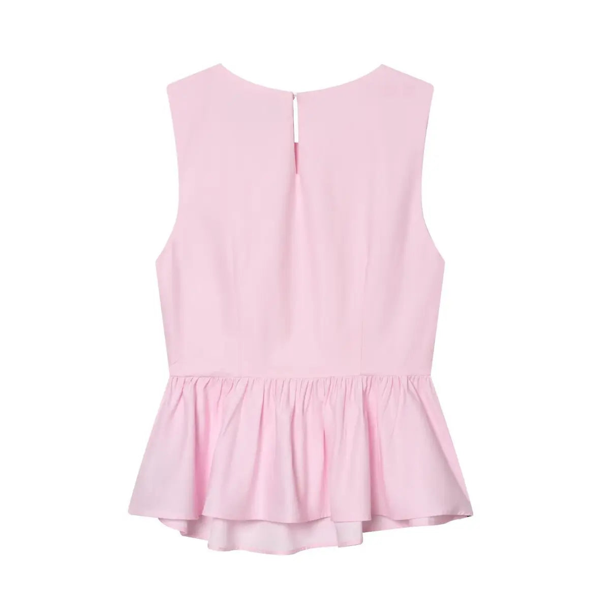 Back view of the top, showing the keyhole closure at the neck and double-layered peplum hem.