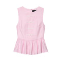 Front view of a light pink sleeveless peplum top with traditional Chinese frog closures down the center.