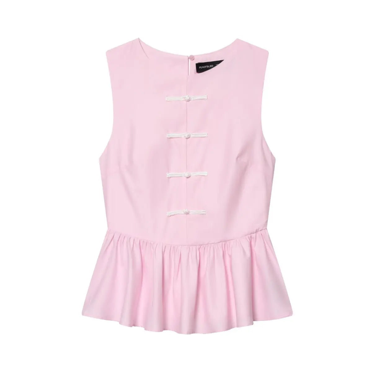 Front view of a light pink sleeveless peplum top with traditional Chinese frog closures down the center.