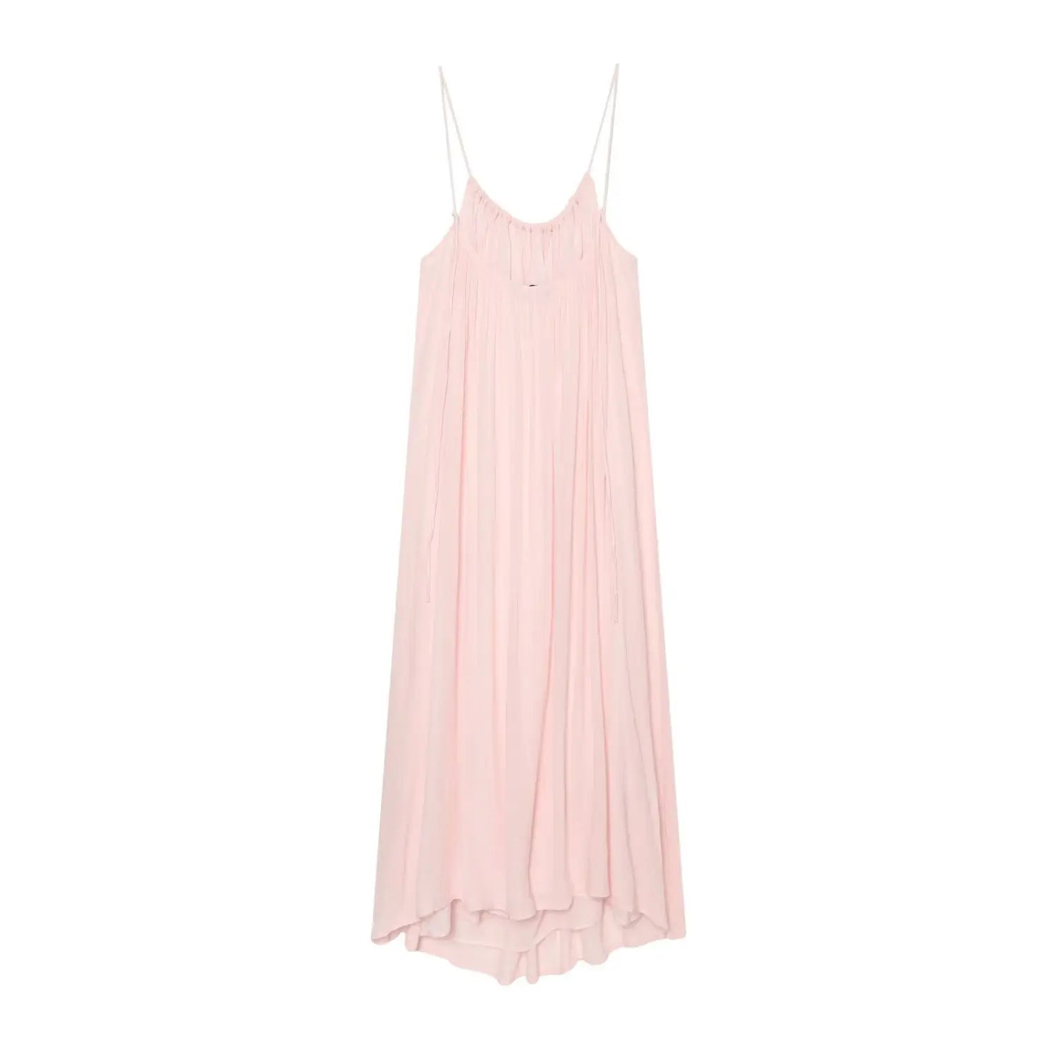 Complete dress back flat lay shot, large low hollow back cutout, double layer loose hem lining