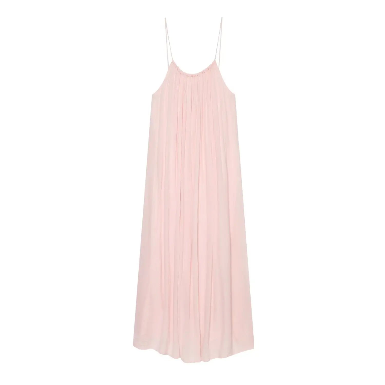 Whole dress front flat lay main view, light pink crinkle woven, ultra thin spaghetti straps, gathered elastic bust, flowy loose maxi skirt
