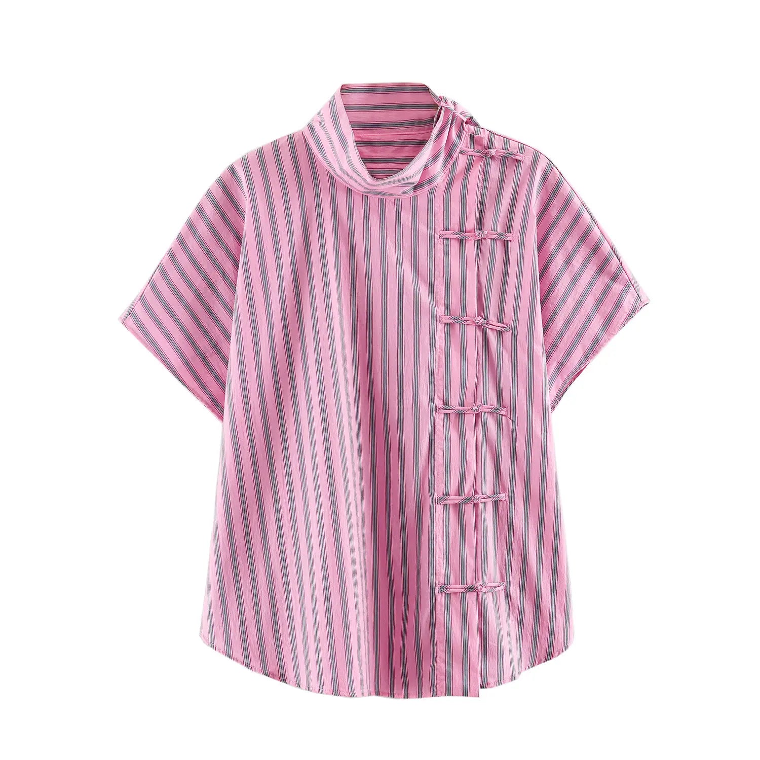 Front flat shot pink vertical stripe blouse, asymmetrical frog buttons, stand wrap neck, dolman short sleeve