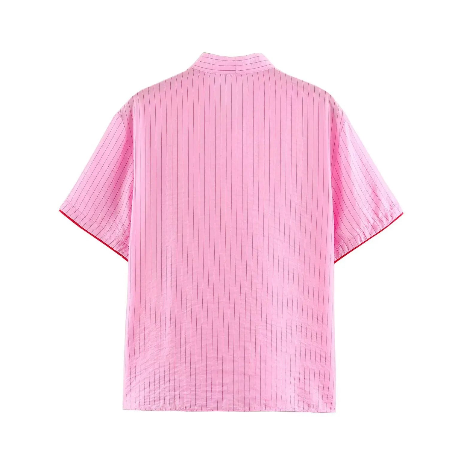 Back flat lay short sleeve blouse, lightweight crinkle stripe fabric