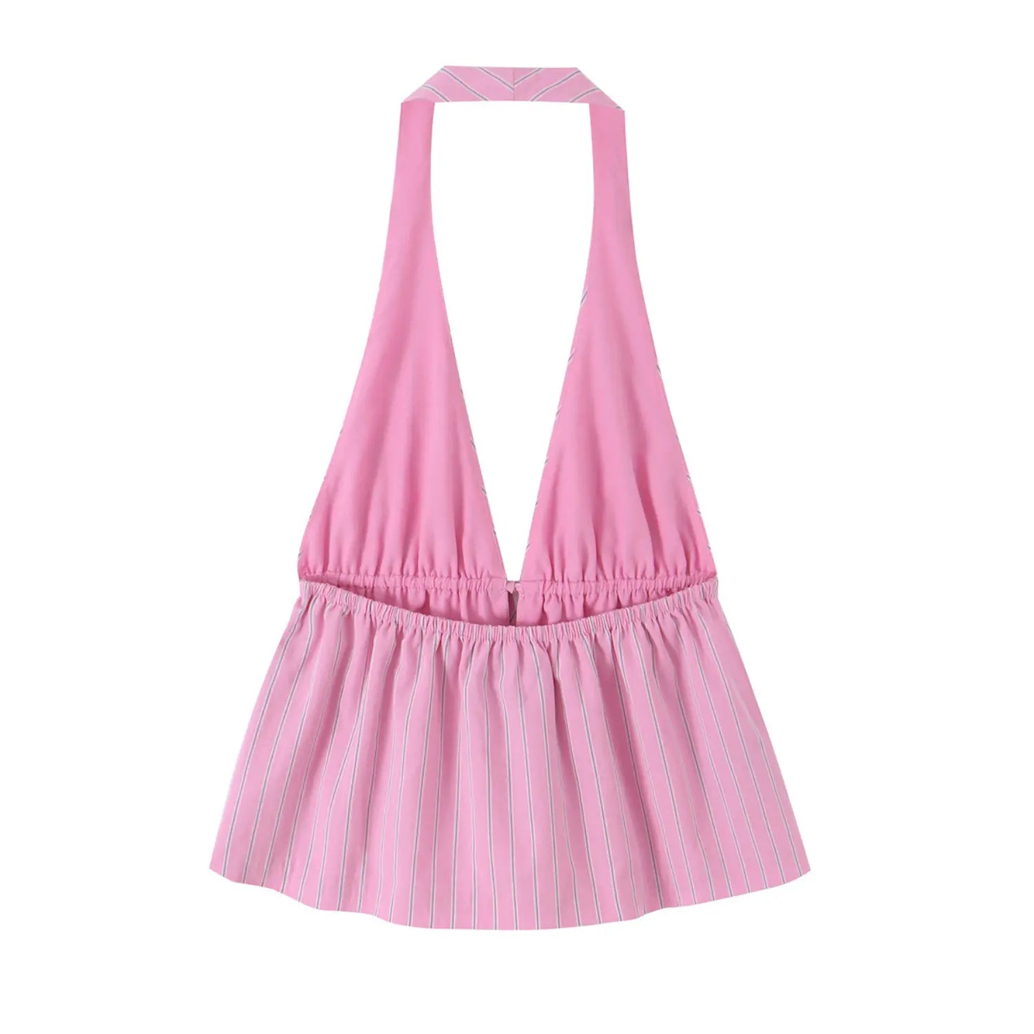 Complete back flat shot of pink striped halter sleeveless top, solid halter neck strap, double elastic waistband, loose flared peplum silhouette