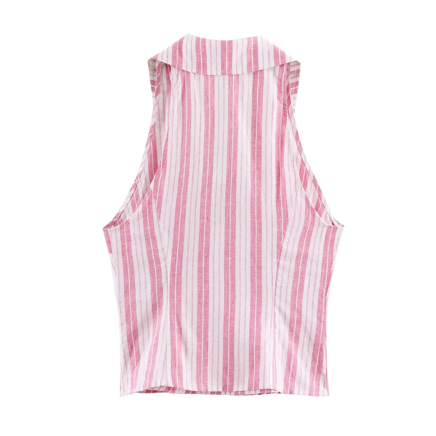 Complete back flat shot of pink white striped halter sleeveless top, full vertical stripe back panel, high halter neck construction