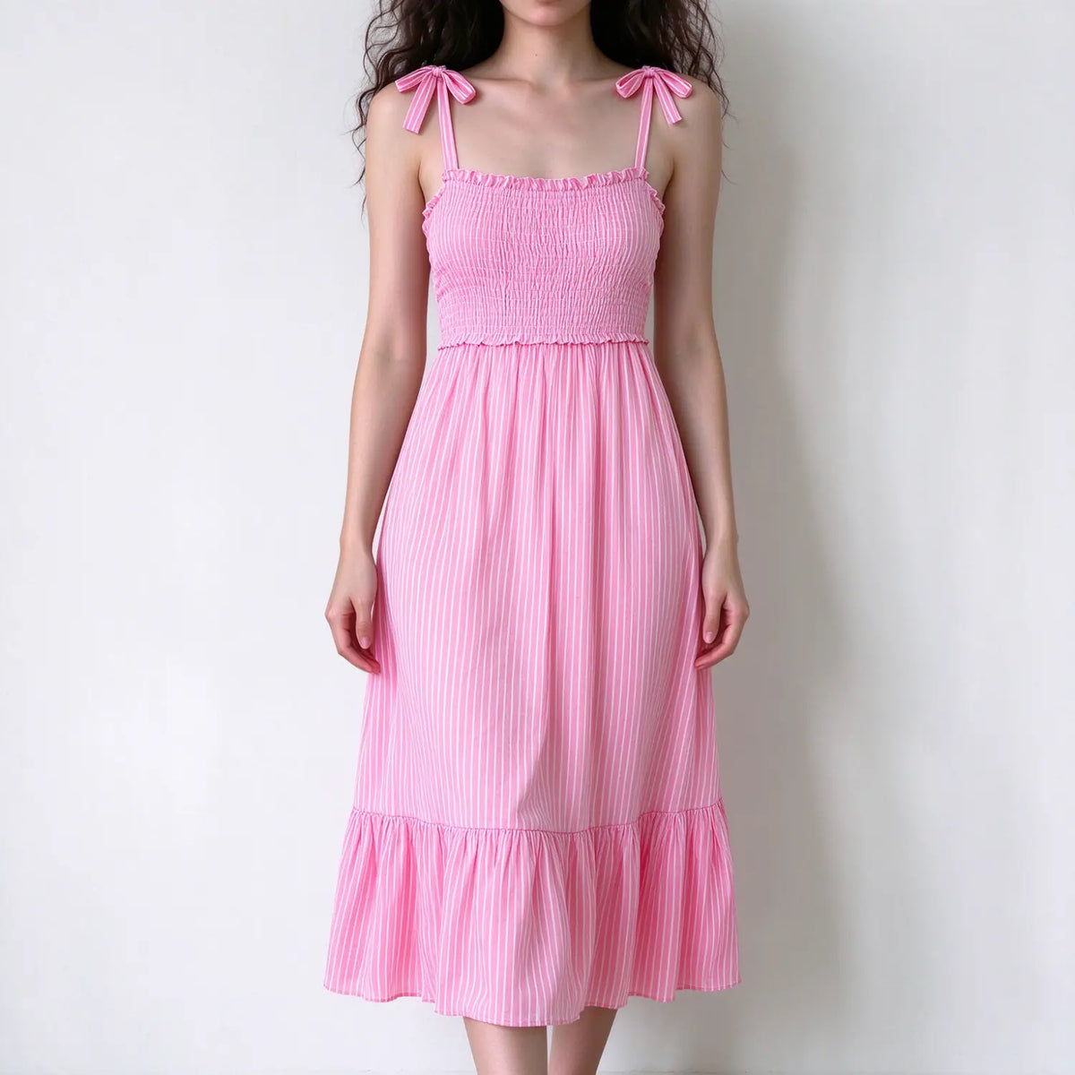 Model wearing pink stripe spaghetti strap maxi dress, shoulder bow ties, smocked bust, ruffle hem, relaxed A line skirt