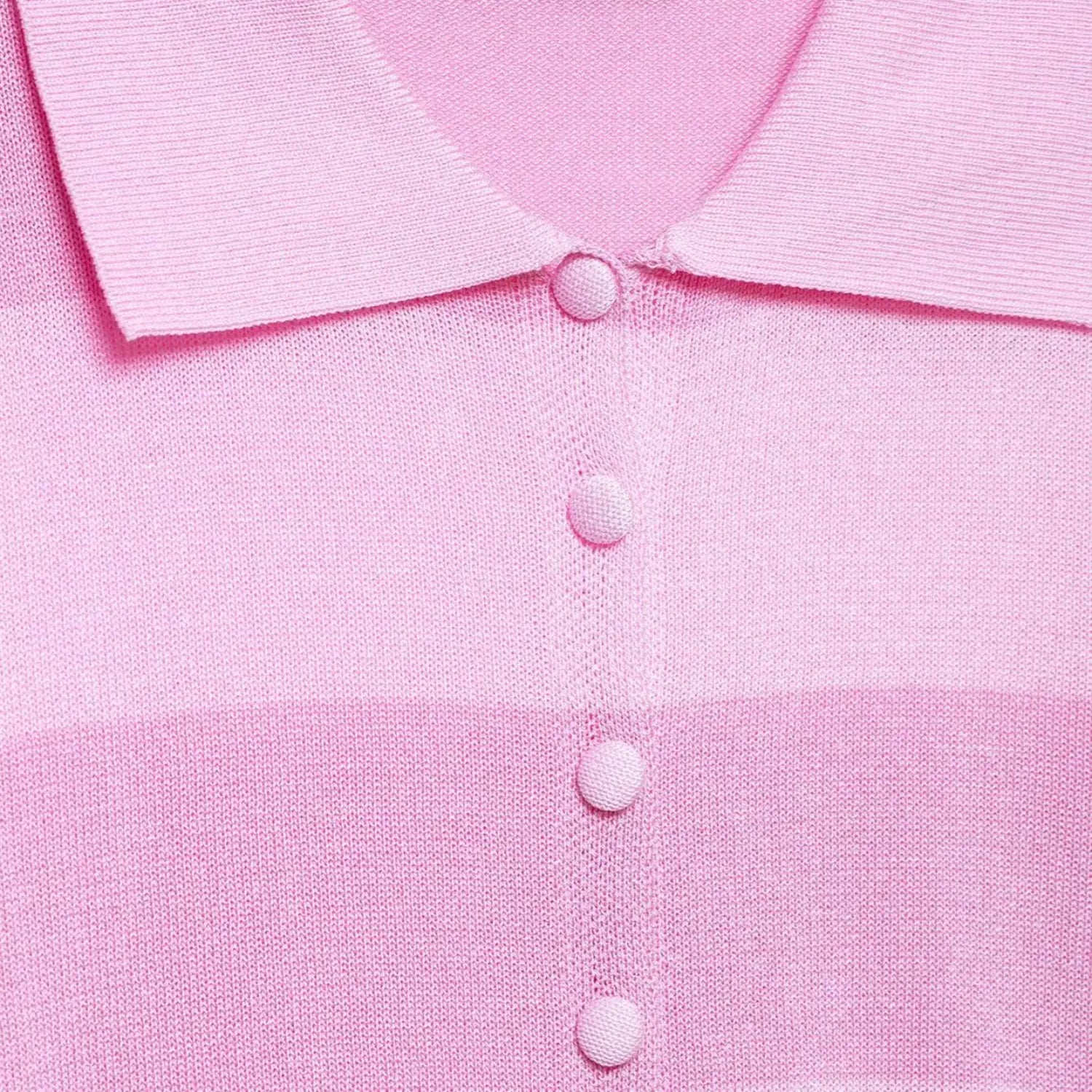 Close-up of the pink fabric-covered buttons on the front placket of the striped knit cardigan