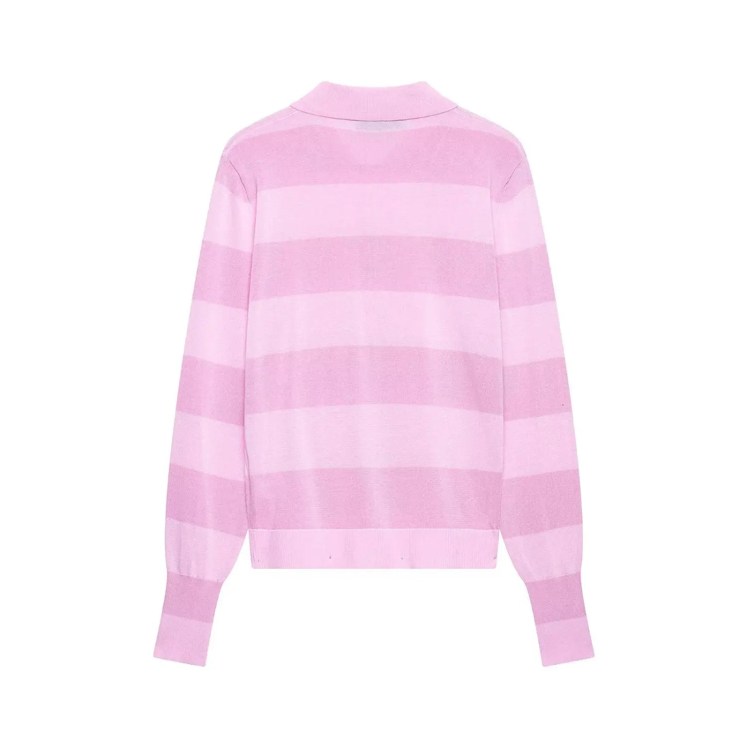 Full back view on white background of the pink striped polo-collar knit cardigan