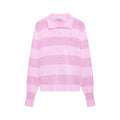 Full front view on white background of the pink striped polo-collar knit cardigan