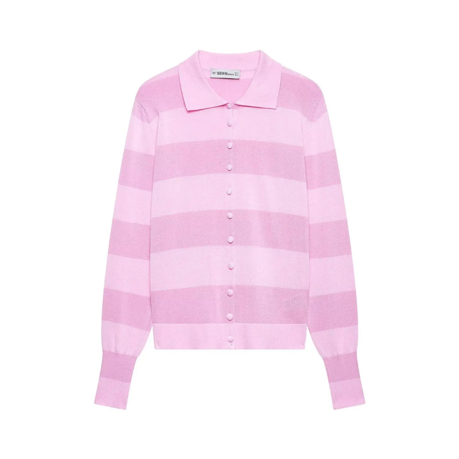 Full front view on white background of the pink striped polo-collar knit cardigan