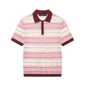 Full front flat lay main shot of striped knit polo top, maroon polo collar, half button placket, short sleeves with maroon cuffs, semi-sheer pink white horizontal stripe knit