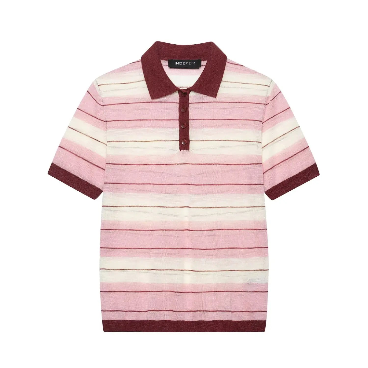 Full front flat lay main shot of striped knit polo top, maroon polo collar, half button placket, short sleeves with maroon cuffs, semi-sheer pink white horizontal stripe knit