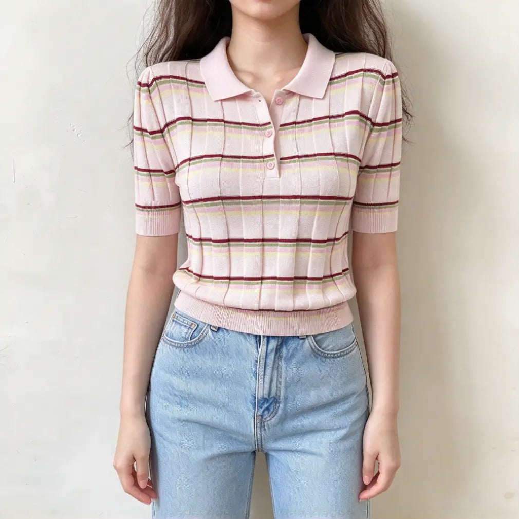 Pink ribbed knit polo top with colorful horizontal stripes, short sleeve slim fit cropped shirt