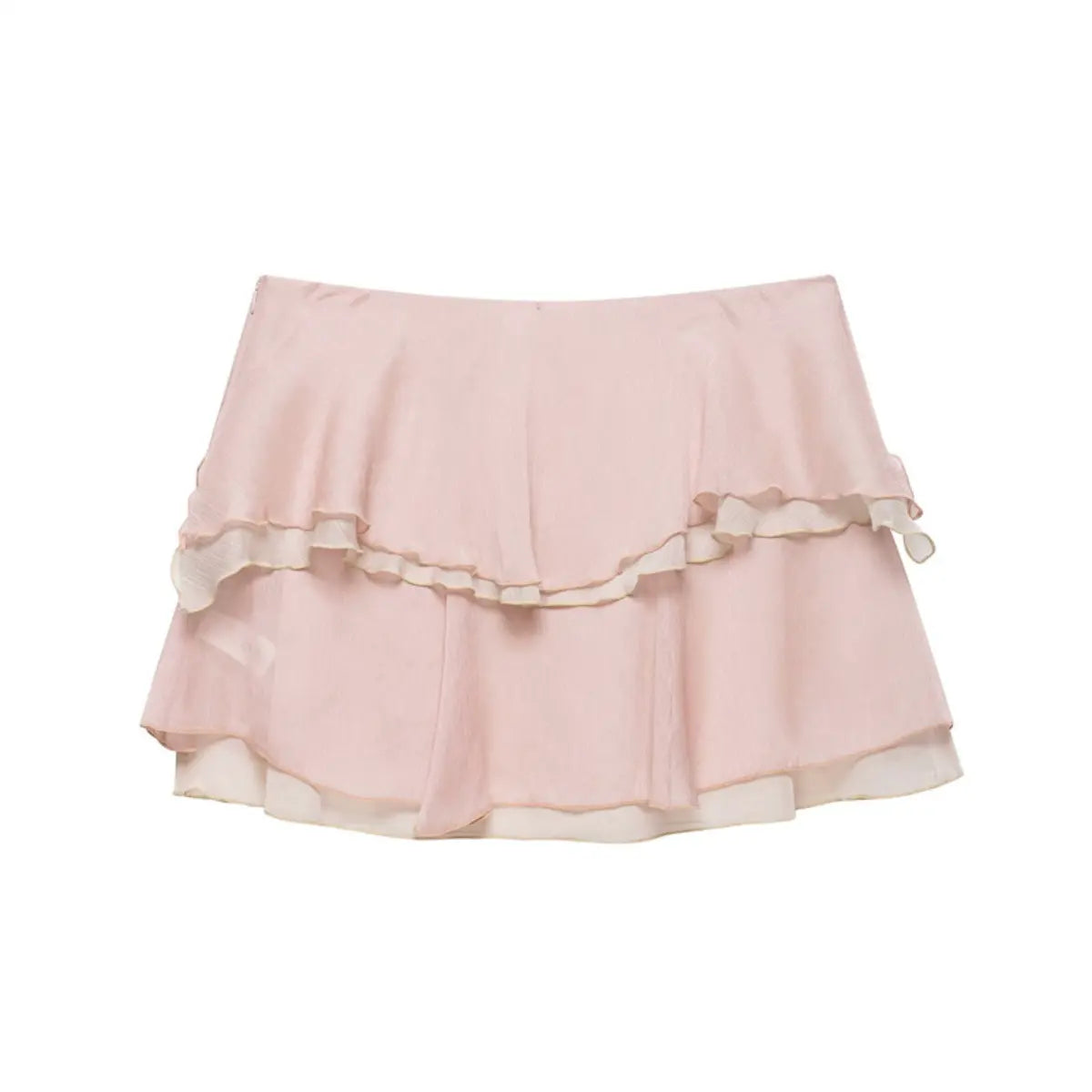 Back view of a light pink tiered chiffon mini skirt, highlighting the layered ruffle construction and soft, crinkled fabric texture.