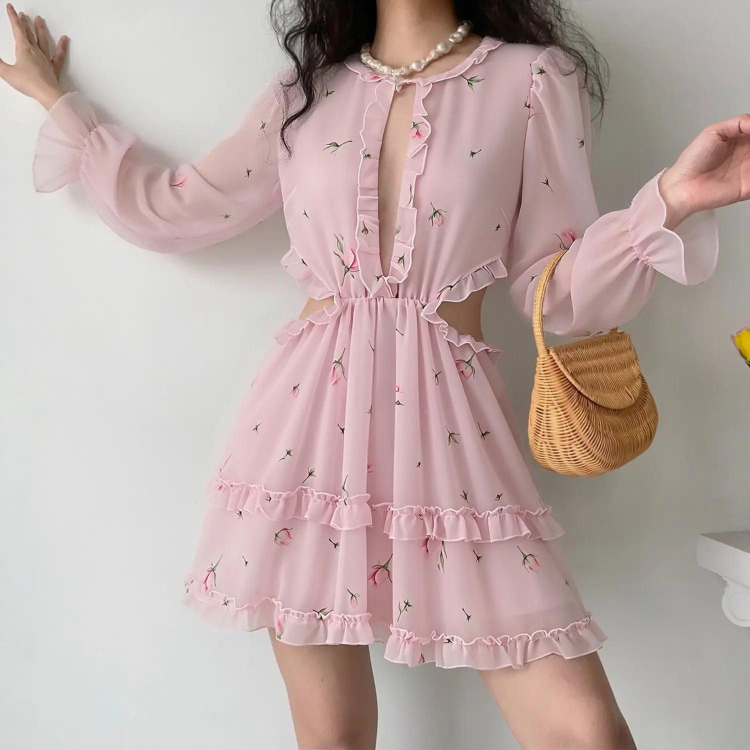 Front lifestyle shot on model, feminine hollow waist ruffle chiffon mini dress, sweet date outfit