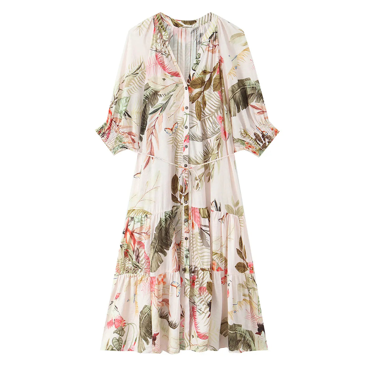 Pink base tropical leaf floral print midi dress, front view, v neck, 3/4 puff sleeves, tiered skirt and self tie waist belt