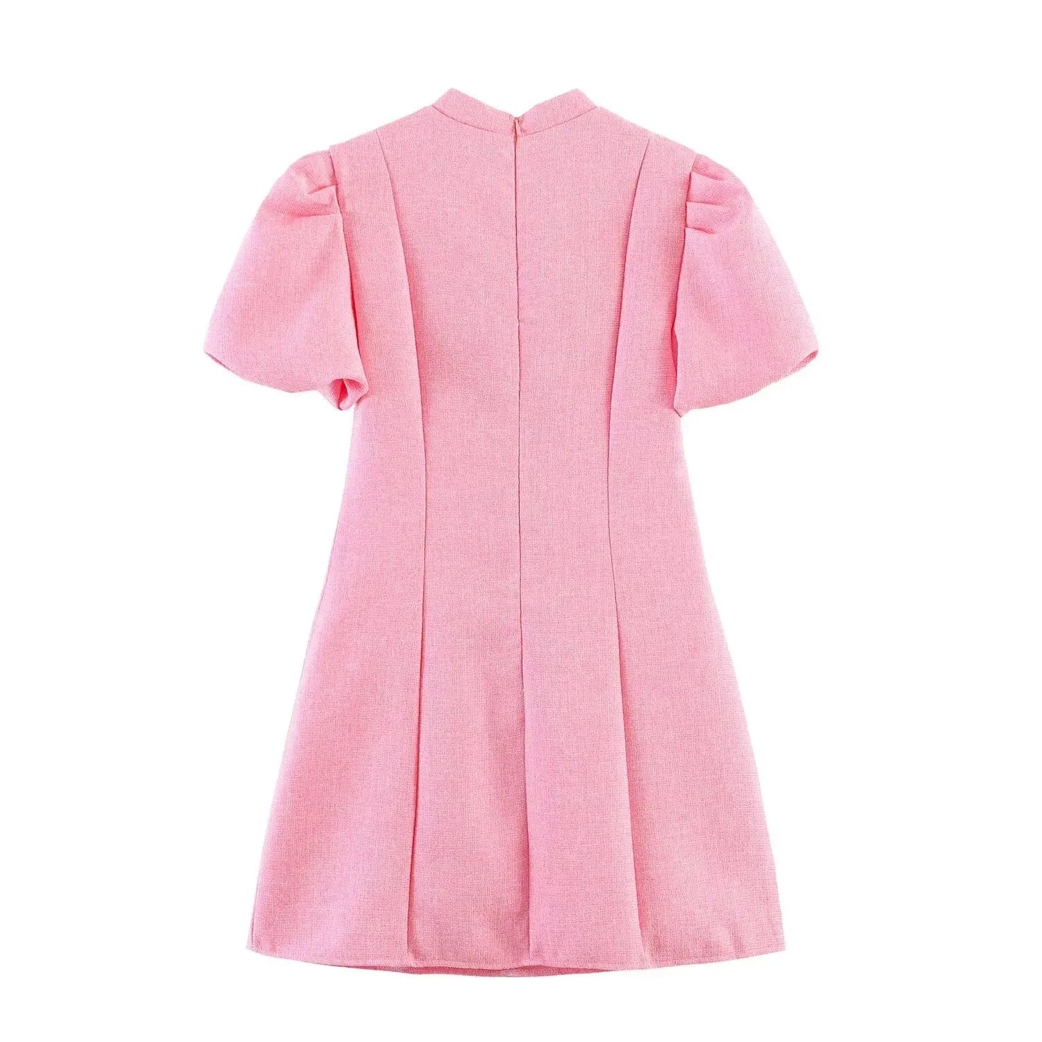 Full back flat lay view, central vertical seam, stand collar back zipper, structured puff sleeves and straight A-line mini skirt