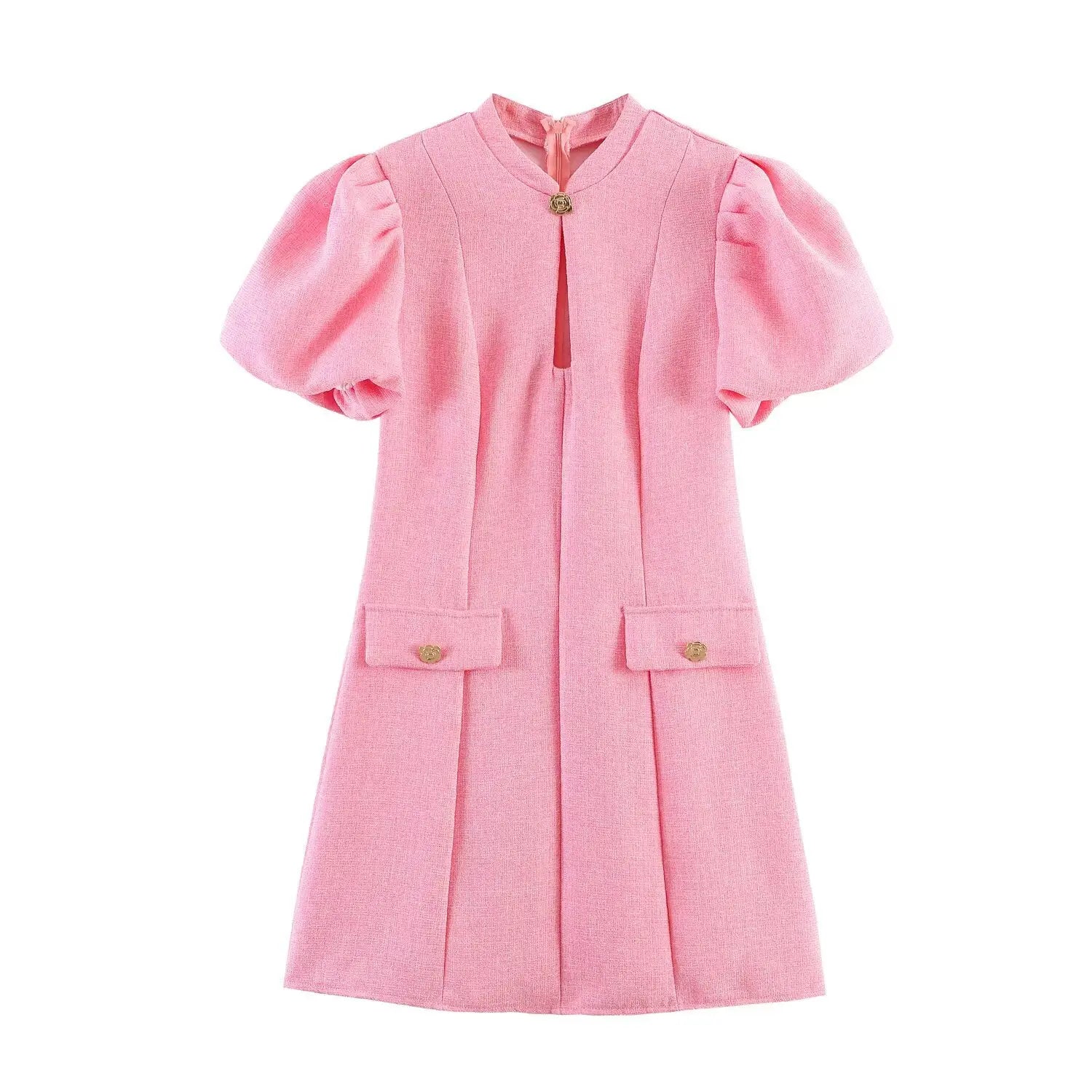 Full front flat shot of modified cheongsam mini dress, stand keyhole neck, puff sleeves, double patch pockets with matching camellia buttons, tailored A-line skirt