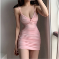 Mirror selfie model wearing pink twist front spaghetti strap ruched bodycon mini dress
