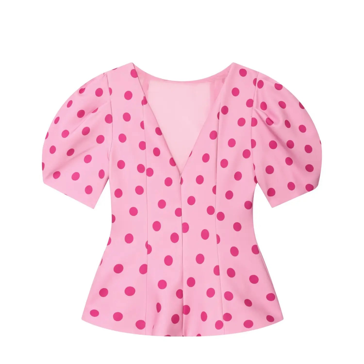 Front flat lay blouse, deep v neck, back invisible zipper, bubble puff short sleeve, waist tailored peplum hem