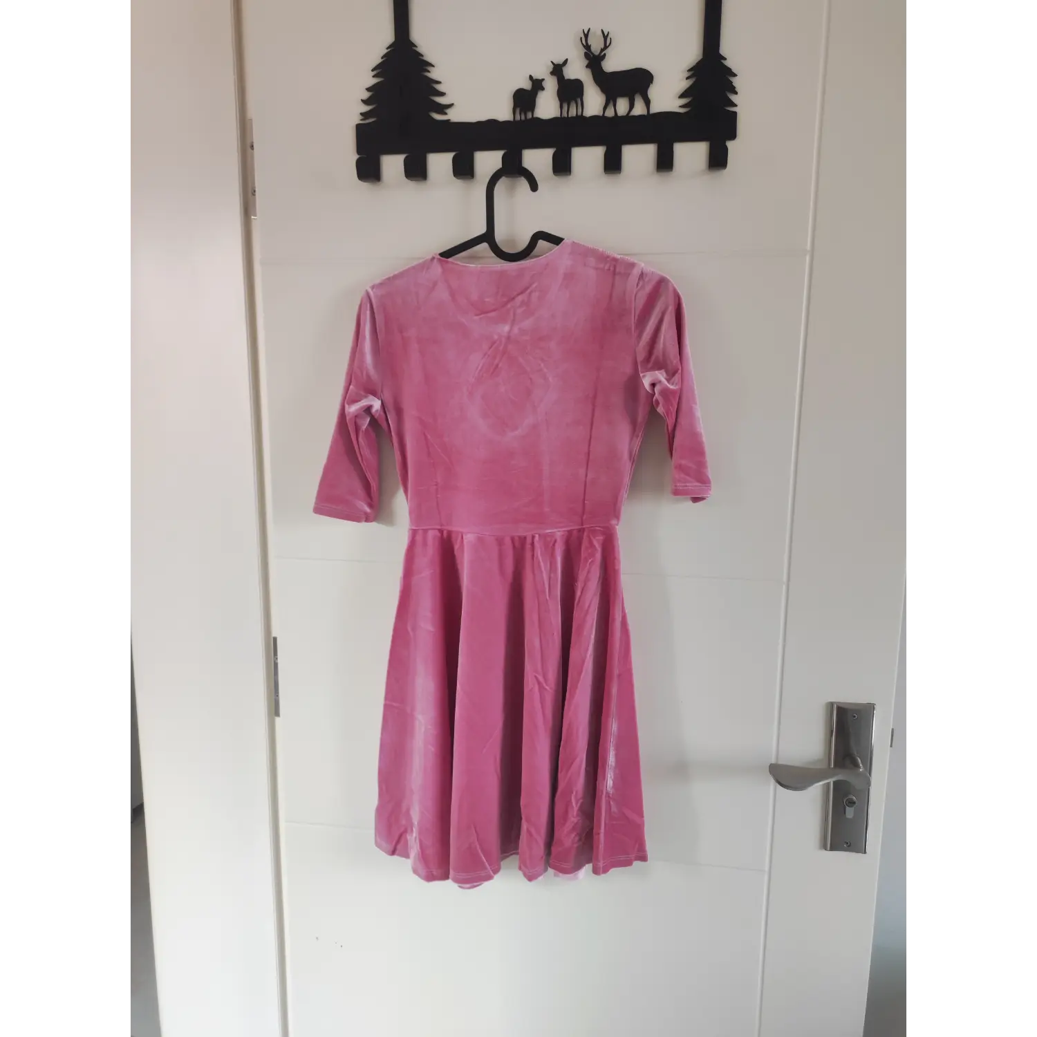 hanger-back-view | Back hanging view pink velvet short dress, three quarter sleeves, high waist swing skirt