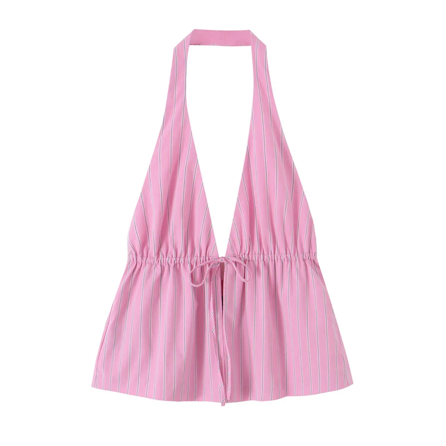 Studio white background full front shot of pink vertical stripe halter cami top, deep v neck, elastic gathered waist, front self tie detail, flared peplum hem, sleeveless cropped fit