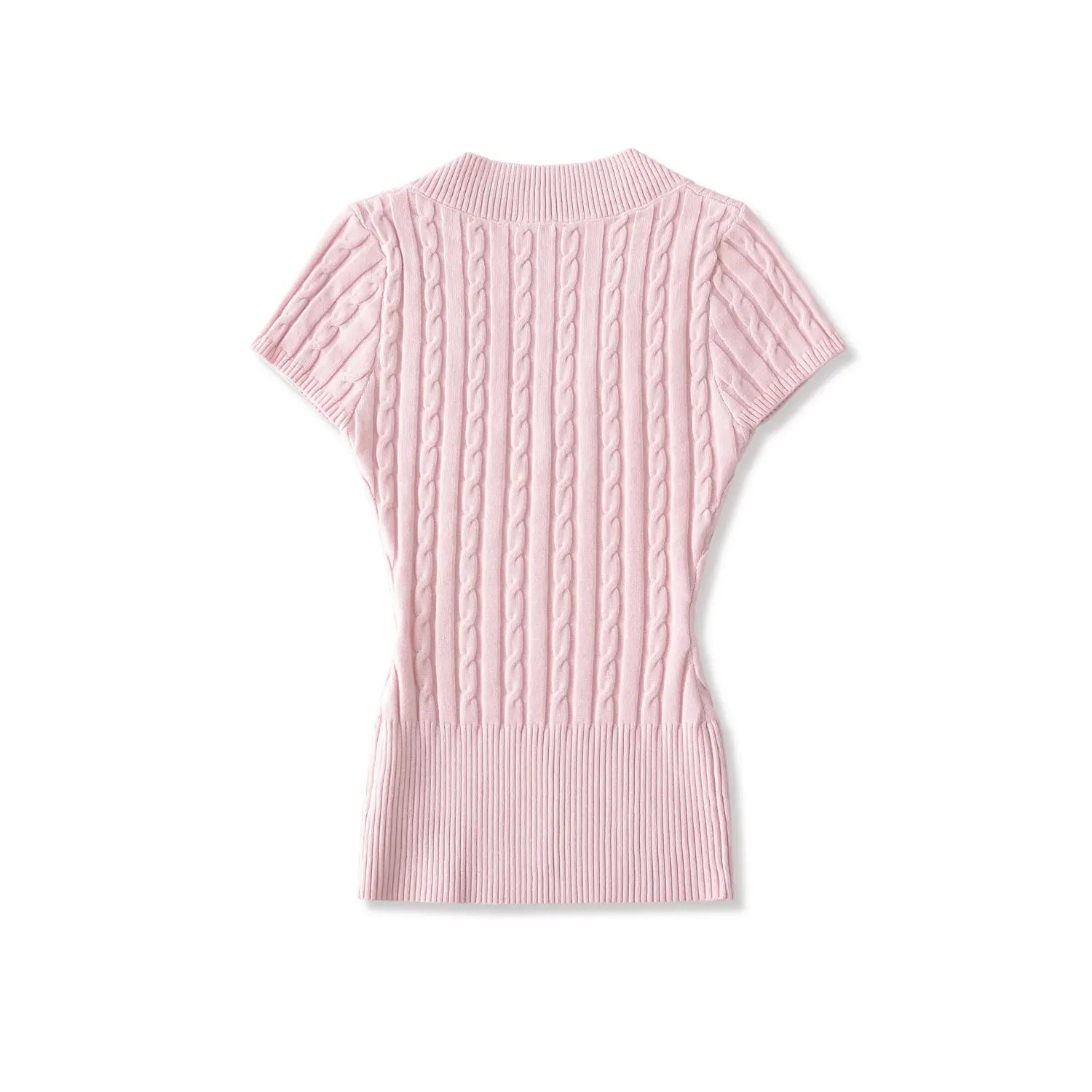 Flat lay back view pink v‑neck cable knit short sleeve slim knit top