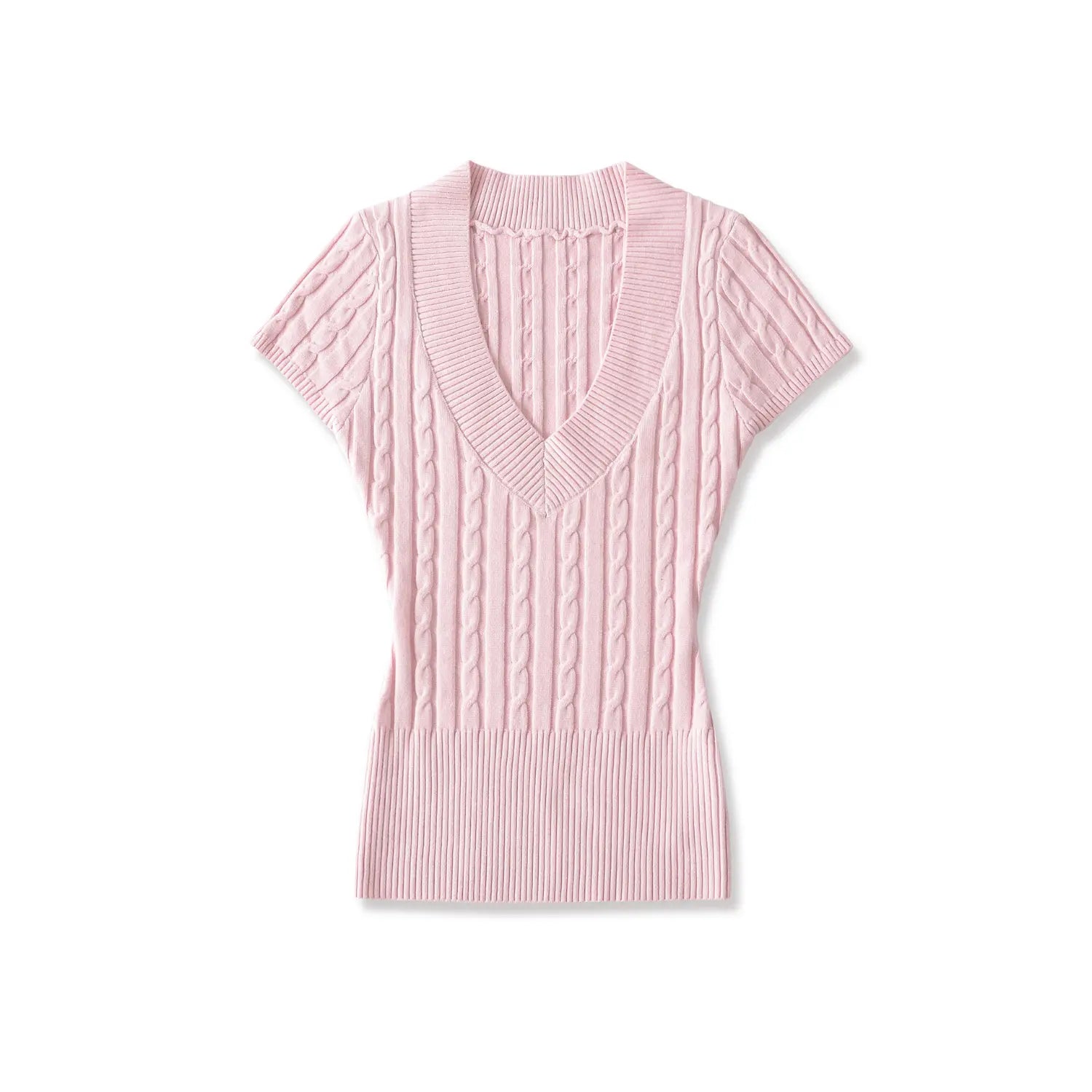Flat lay front view pink v‑neck cable knit short sleeve fitted sweater top