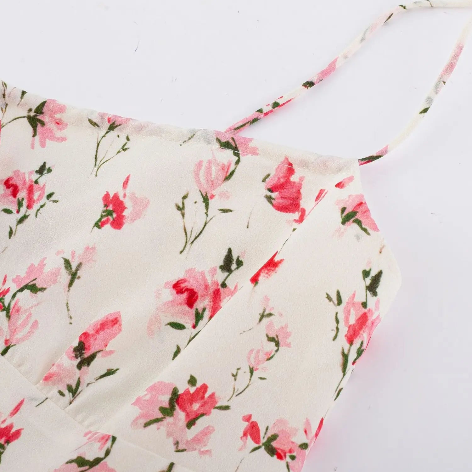 Pink watercolor floral cami neck flat close-up, elastic ruched square neck floral printed thin strap chiffon fabric white background shot