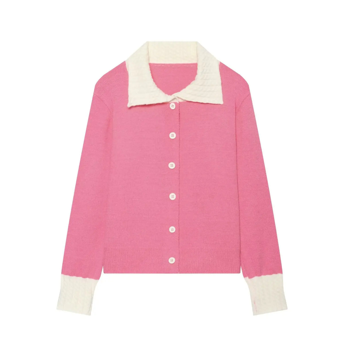 Pink knit cardigan with white cable texture collar and cuffs, button down long sleeve cropped sweater, front view