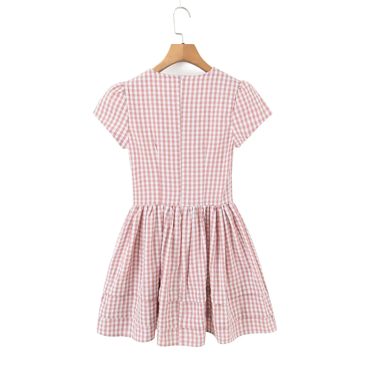 Full back view pink gingham short dress with puff sleeves