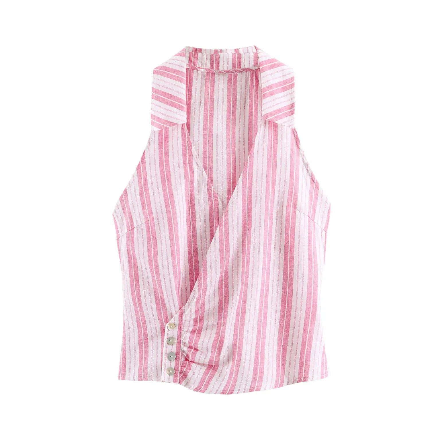 Studio white background full front shot of pink white vertical stripe halter crop top, lapel collar, wrap v neck, side shell buttons, ruched detail, sleeveless fitted silhouette