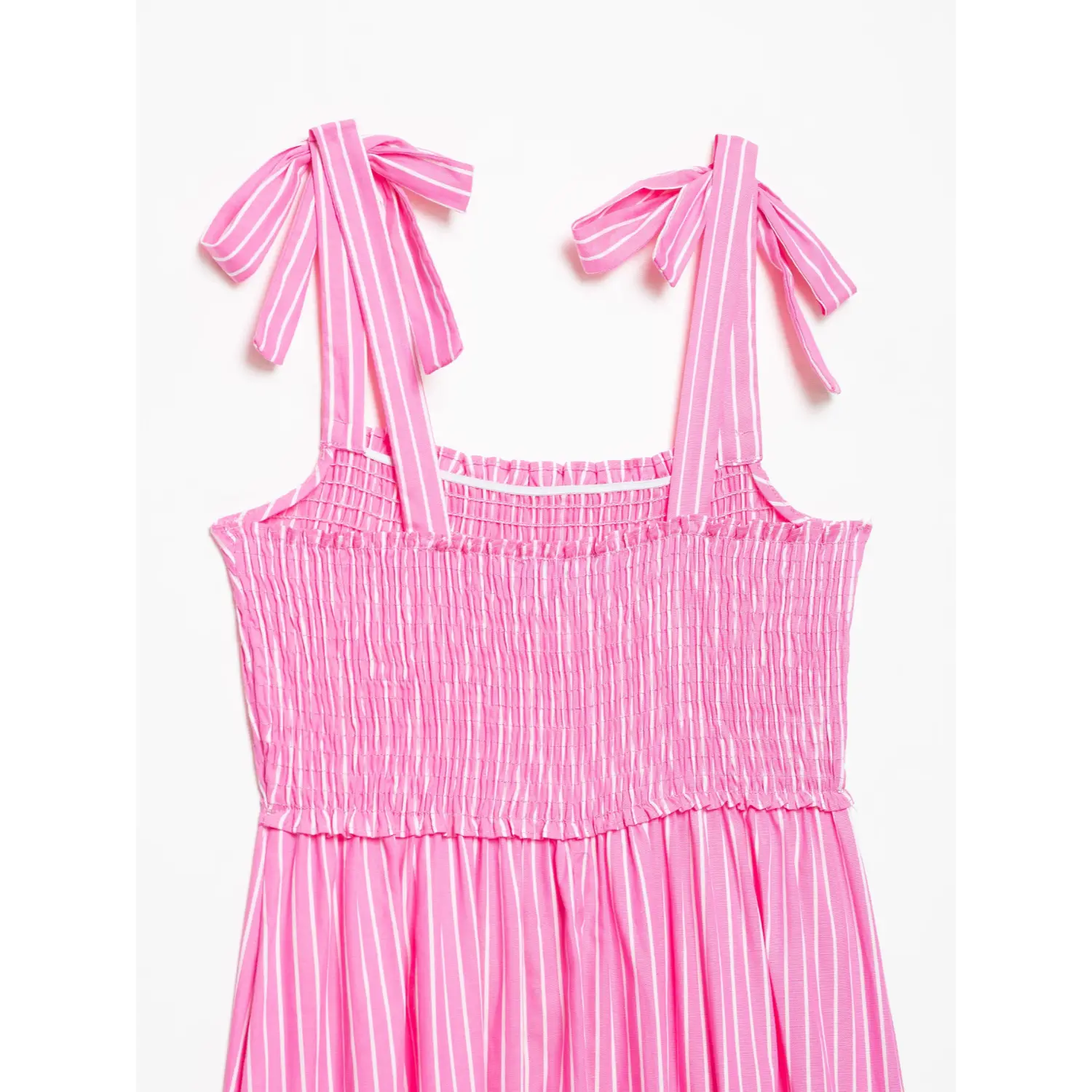 Bust bodice closeup, all-over horizontal elastic smocked shirring, tiny ruffle edge square neck, pink vertical stripe cloth texture