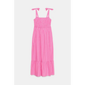 Full back flat view stripe slip dress, plain smooth back panel, matching tie bow shoulder straps, uniform thin vertical stripe pattern