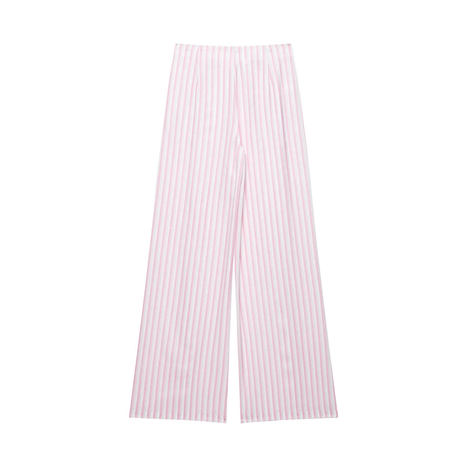 Back full view of pink white vertical stripe wide leg pants, waist drawstring detail, isolated on white background