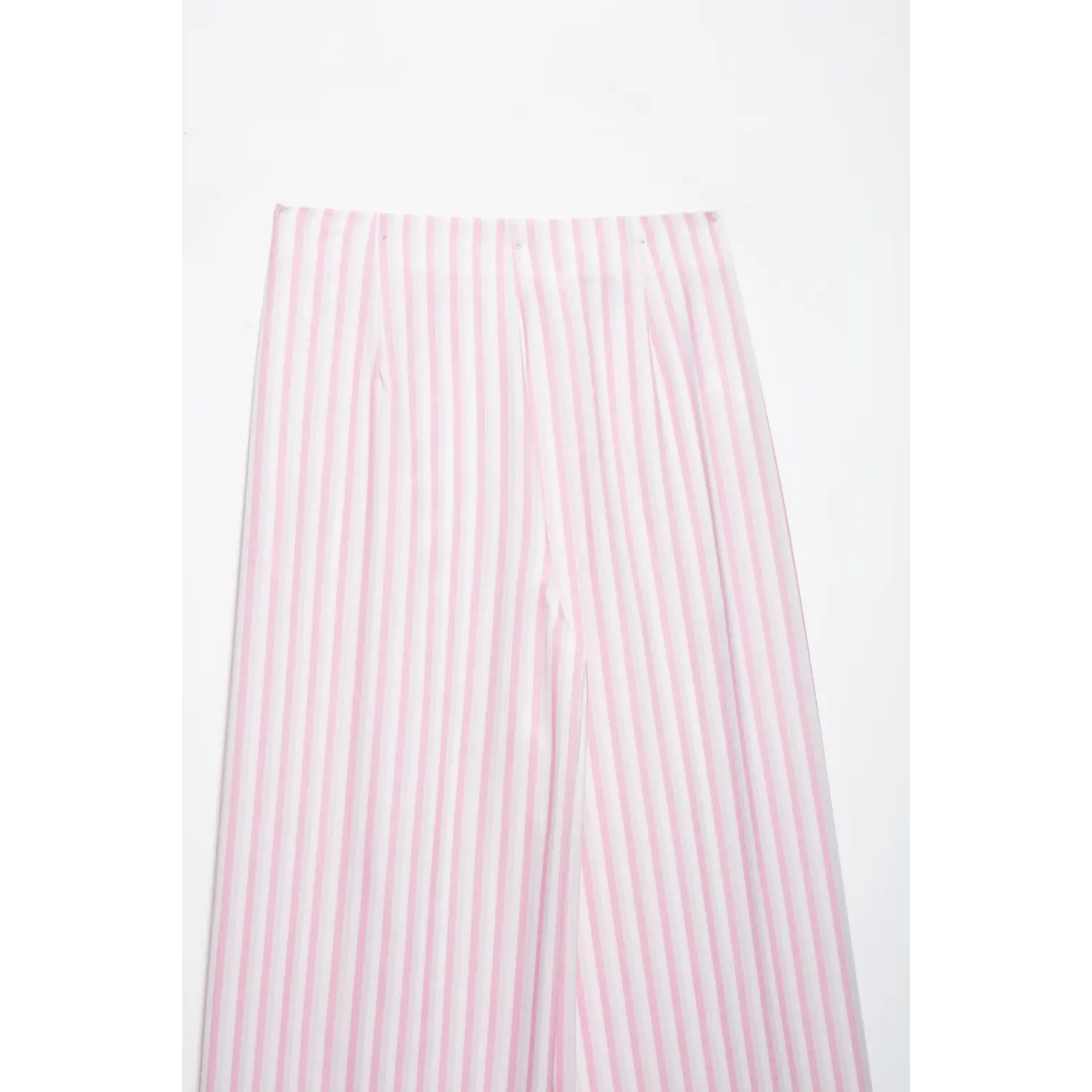 Back waist detail of pink white vertical stripe wide leg pants, pleated front design, white background

