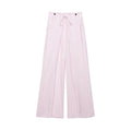 Front full view of pink white vertical stripe wide leg pants, high waist loose fit, isolated on white background
