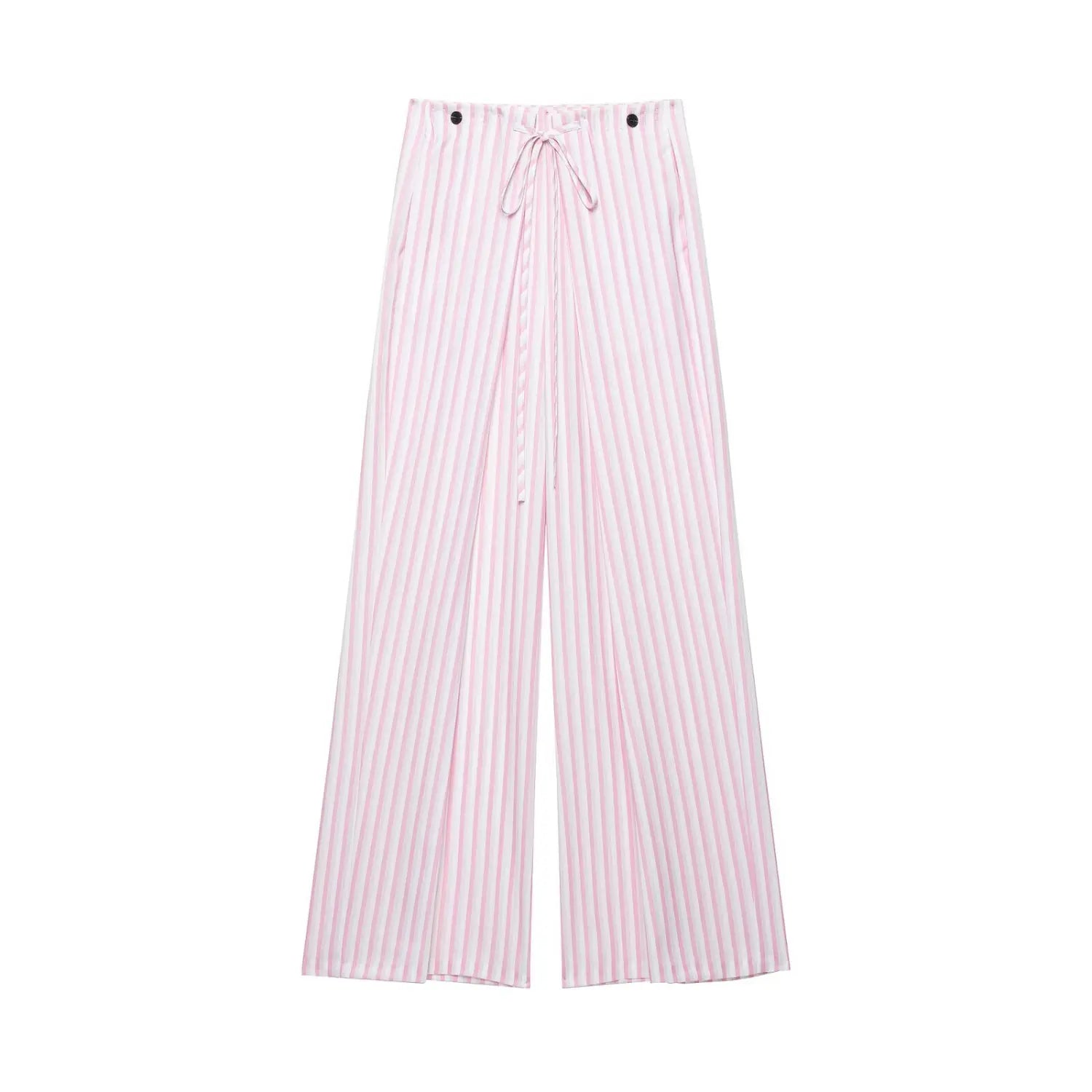 Front full view of pink white vertical stripe wide leg pants, high waist loose fit, isolated on white background
