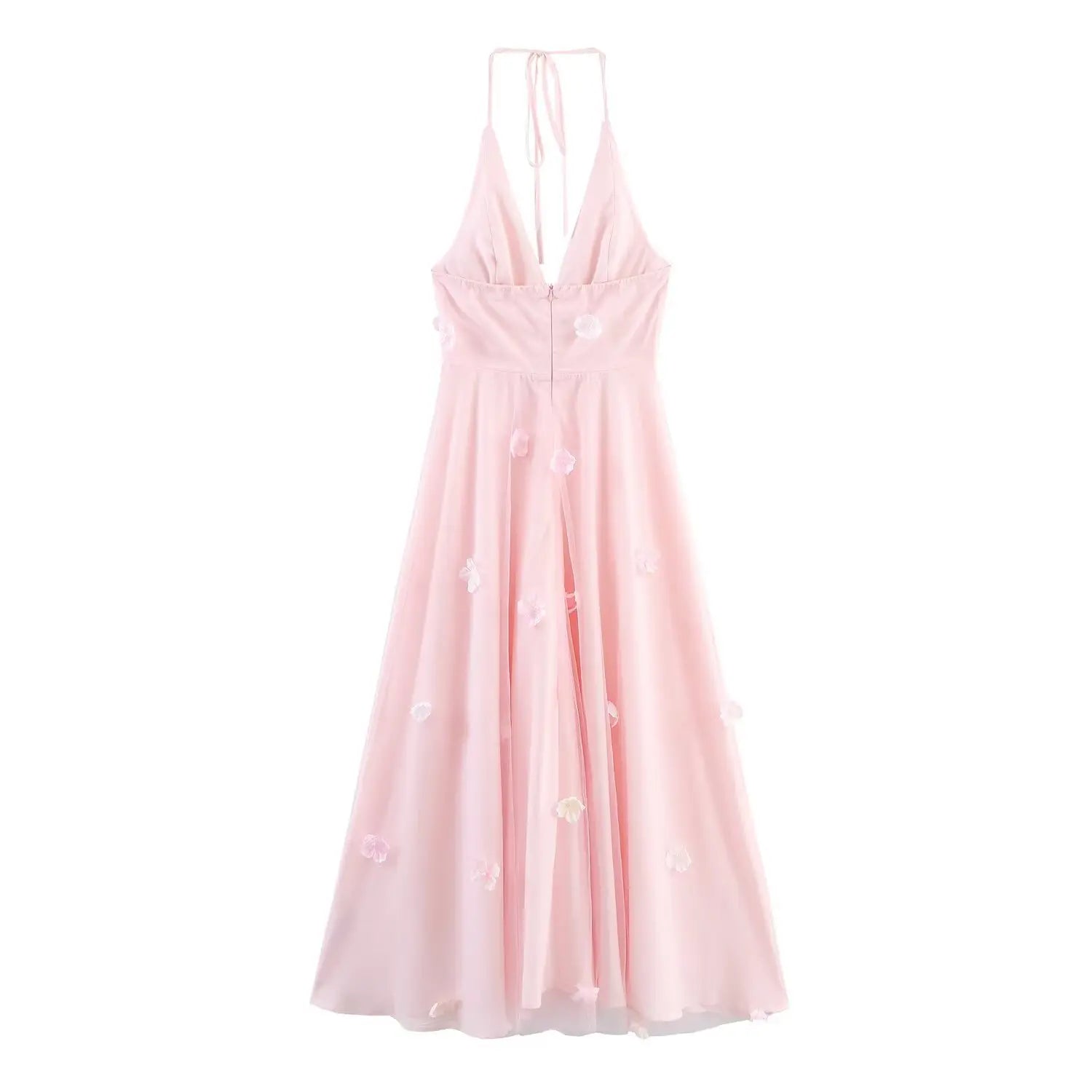 Back full view of pink halter maxi dress with 3d flower applique